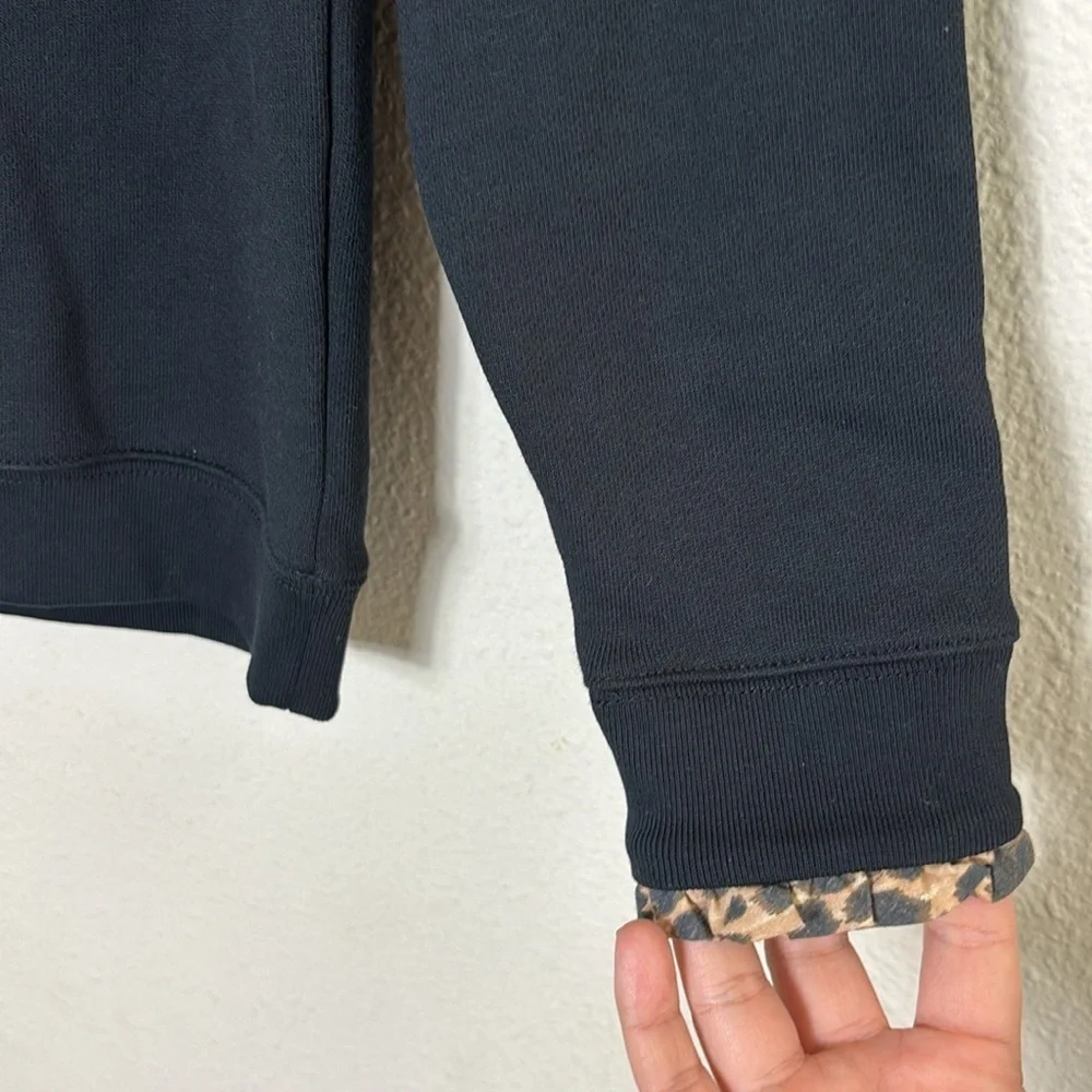 J. Crew Woven ruffleneck pullover sweatshirt in black w/cheetah leopard print S